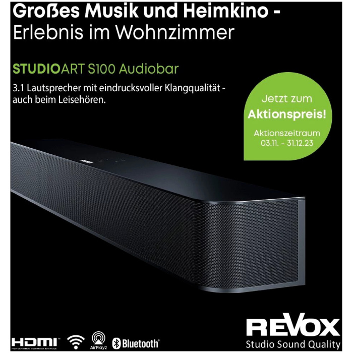 Revox STUDIOART S100 Audiobar Soundbar , A2DP Bluetooth, aptX Bluetooth, AVRCP Bluetooth, AirPlay